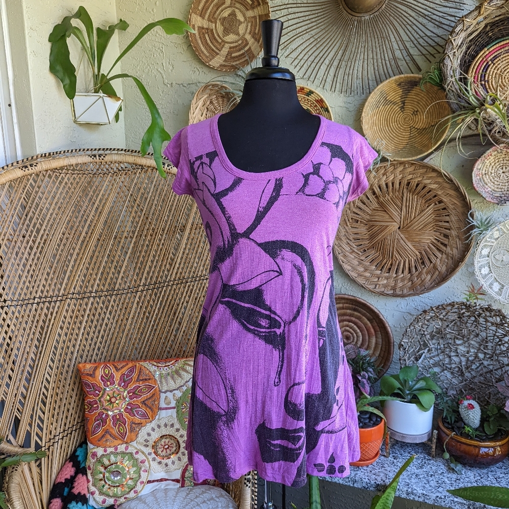 Sure Small Purple T-shirt Long Face Print Abstract Yoga Tee Made‎ In Thailand
